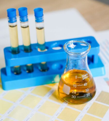 Flask and test tubes at the stand with urine on medical color schemes. The concept of laboratory analyzes, ph control.